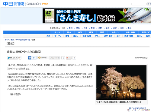 中日新聞豊根の熊野神社で夜桜満開愛知(CHUNICHI Web)