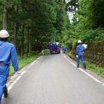 消防団ポンプ点検で中継訓練